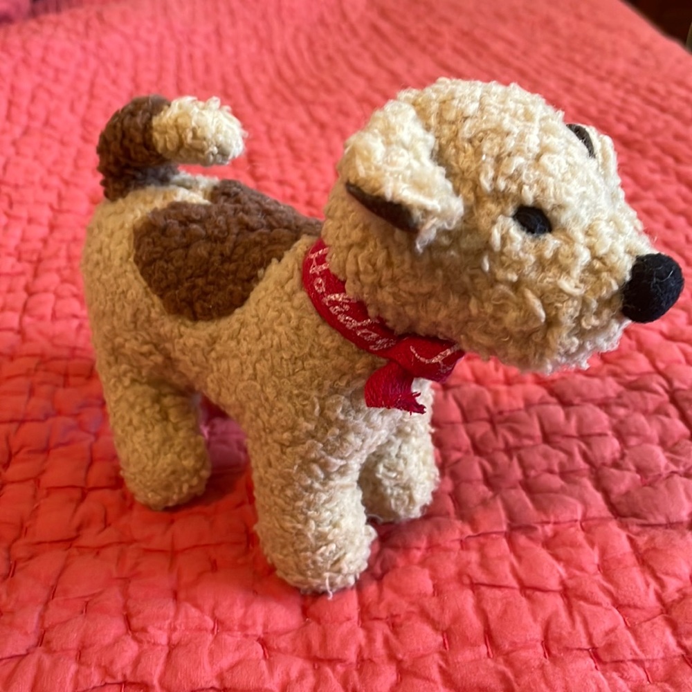 Vintage Old Navy stuffed puppy plush with red “Old Navy Holiday Magic” collar